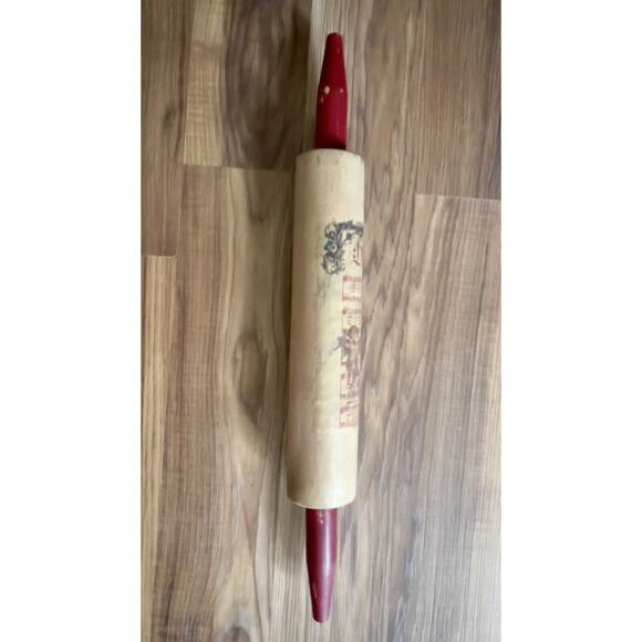 VTG Look Wood Rolling Pin Christmas Decor Red Handles Hark the Herald Farmhouse - Picture 2 of 9